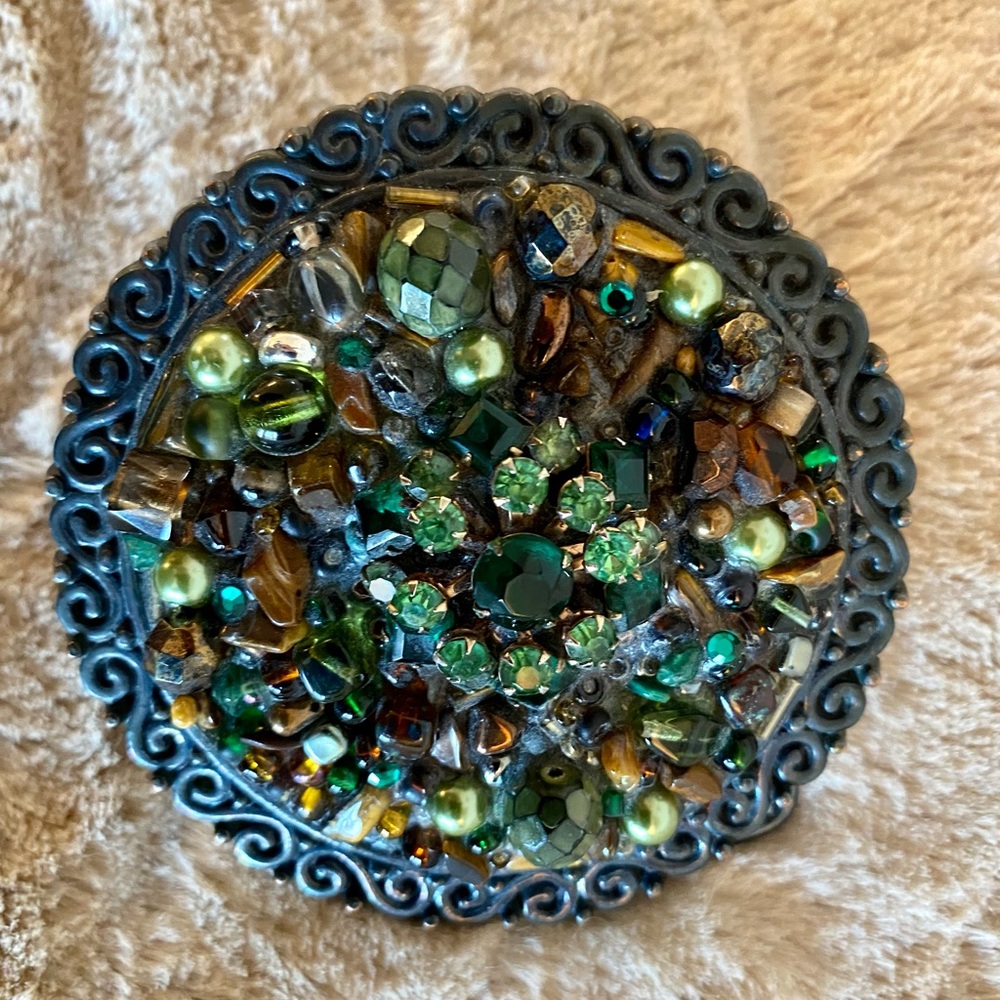 Mikal Winn Round Belt Buckle Encrusted w/Multicolor Gemstones